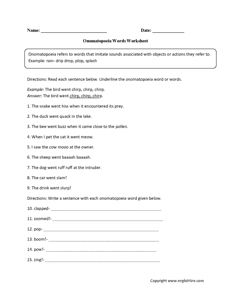 Onomatopoeia Worksheets Pdf