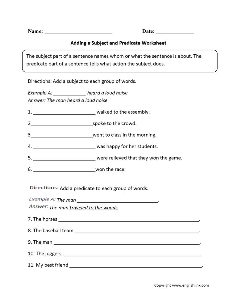 Subject Predicate Worksheet 7th Grade