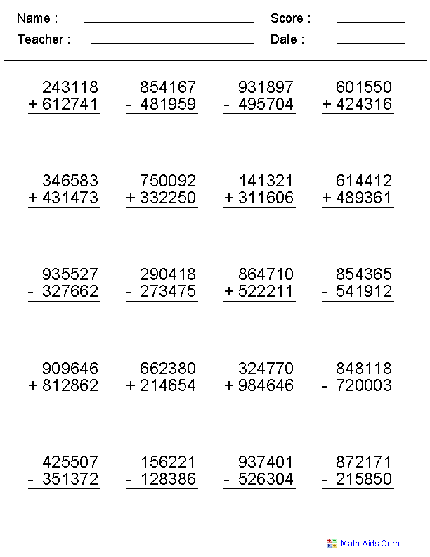 Addition Subtraction Worksheets Grade 4