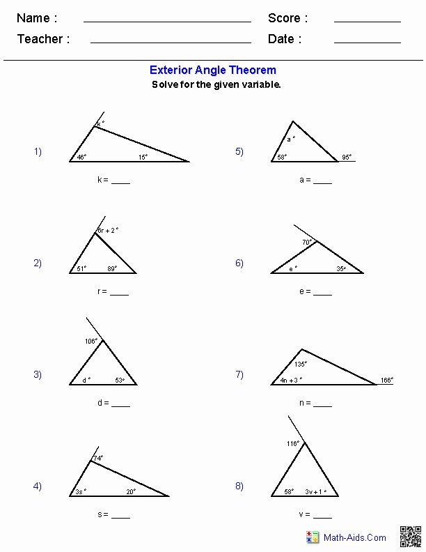 Triangle Exterior Angle Theorem Worksheet