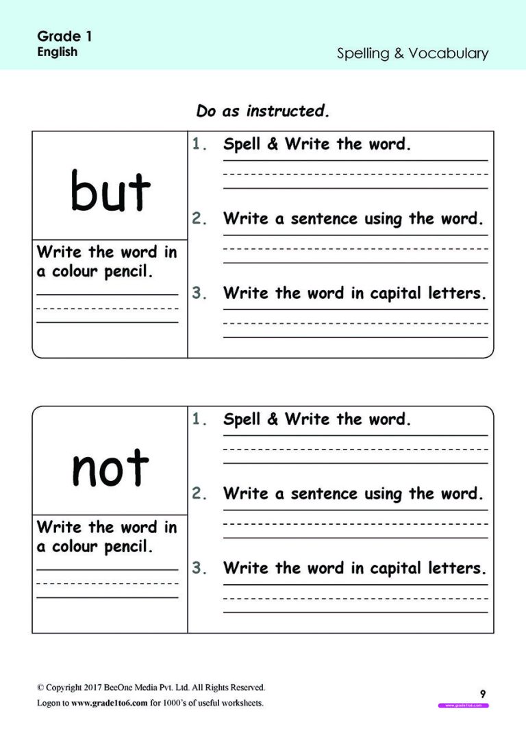 English Worksheet For Class 1 Cbse