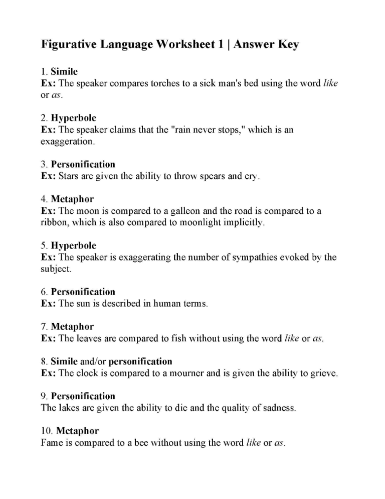 Figurative Language Worksheet 2 Answers