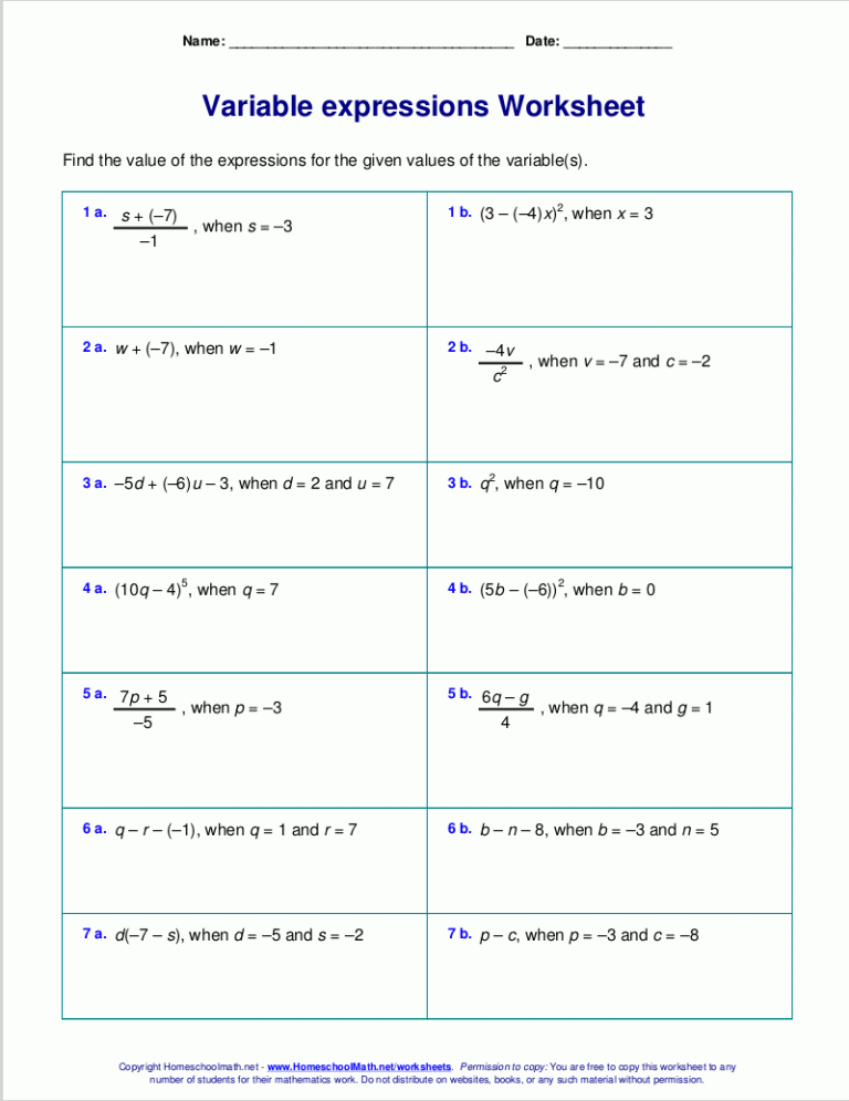 Evaluating Algebraic Expressions Worksheet