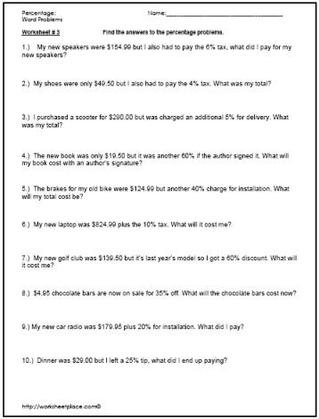 Percentage Problems Worksheets