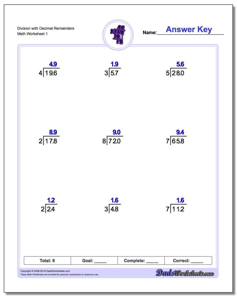 Simple Division Worksheets With Answers