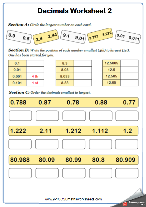 Ordering Decimals Worksheet