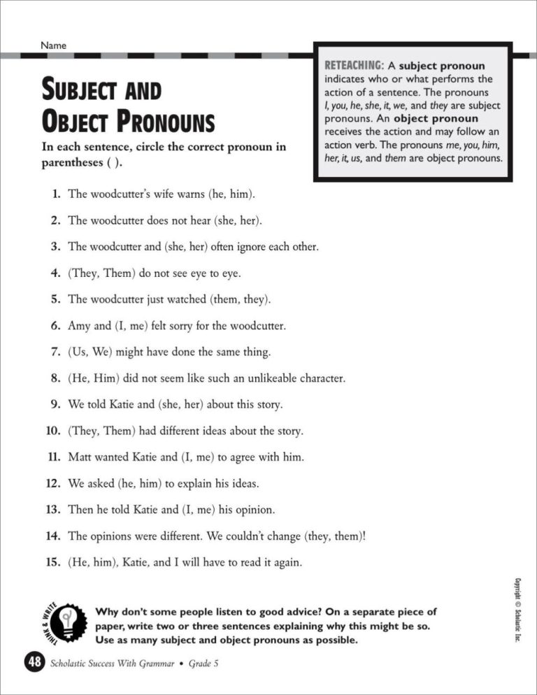 Subject And Object Pronouns Worksheets For Grade 1