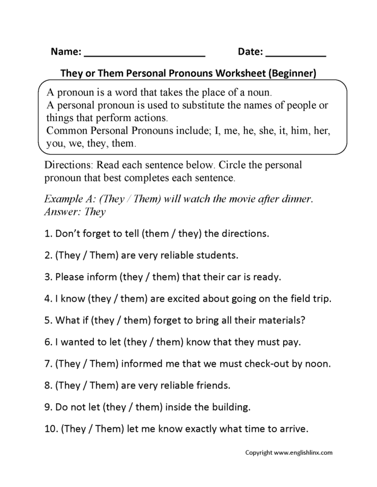 Personal Pronouns Worksheet Grade 5