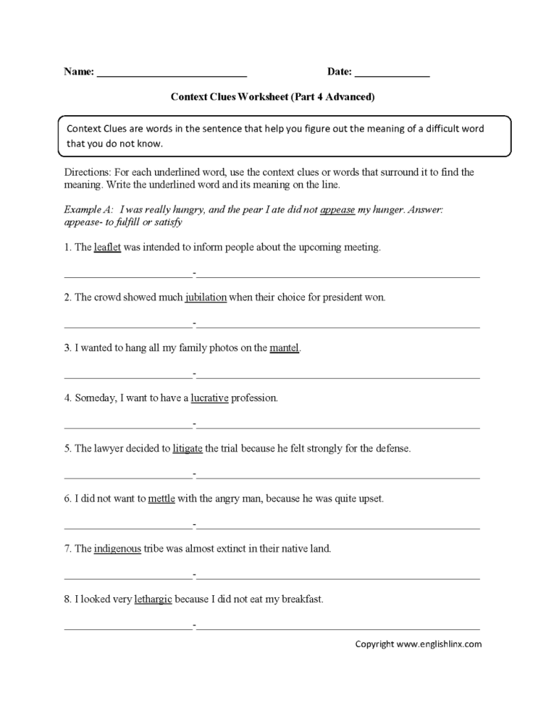 Intermediate Types Of Context Clues Worksheet