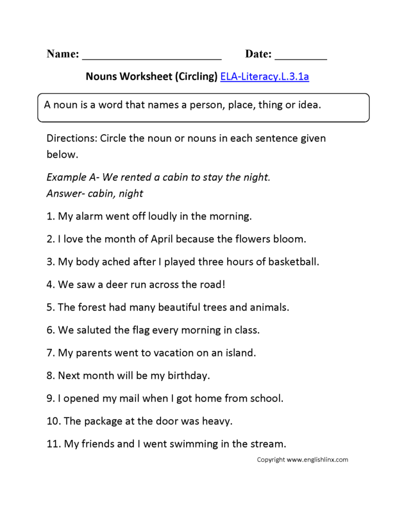 Grade 4 Worksheets On Nouns