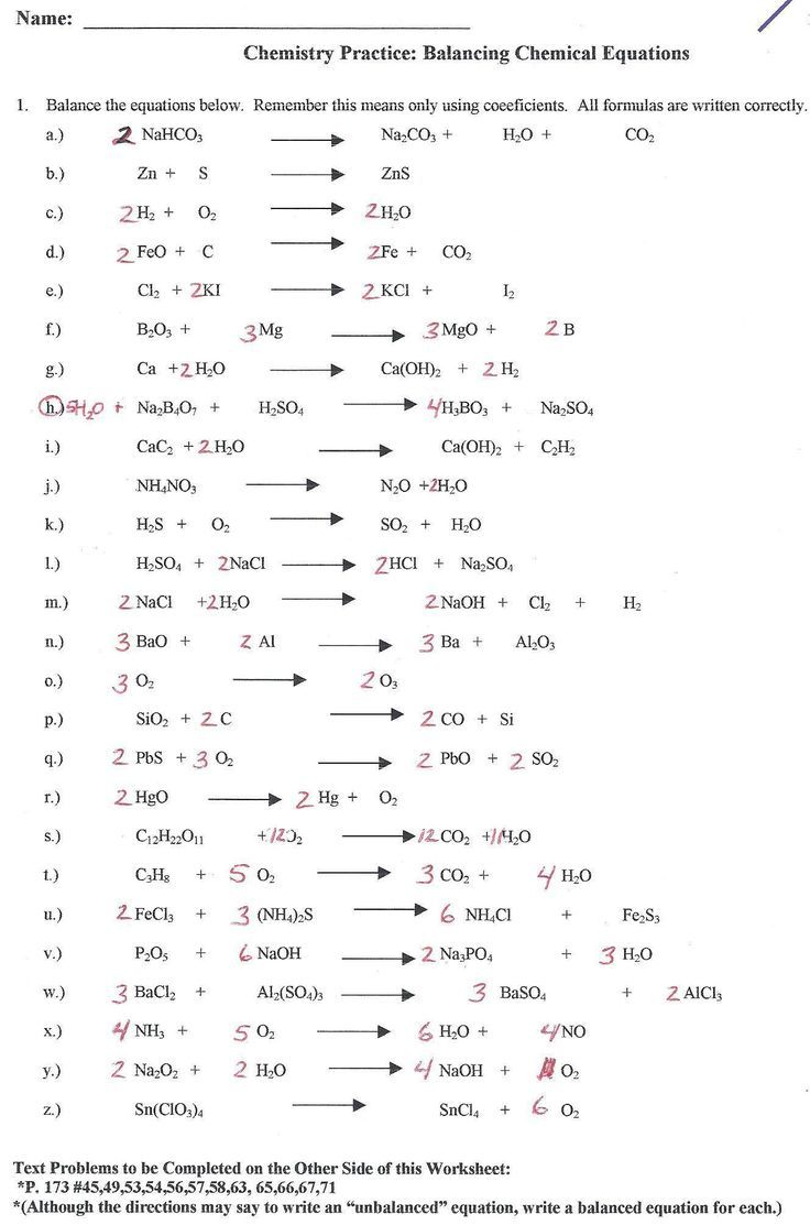 Balancing Chemical Equations Practice Worksheet Class 10