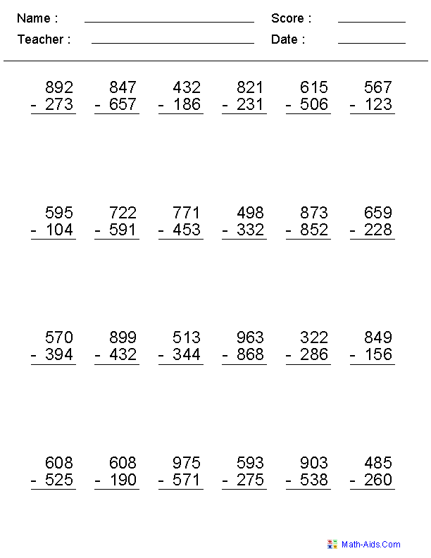 3 Digit Subtraction With Regrouping Across Zeros Worksheets