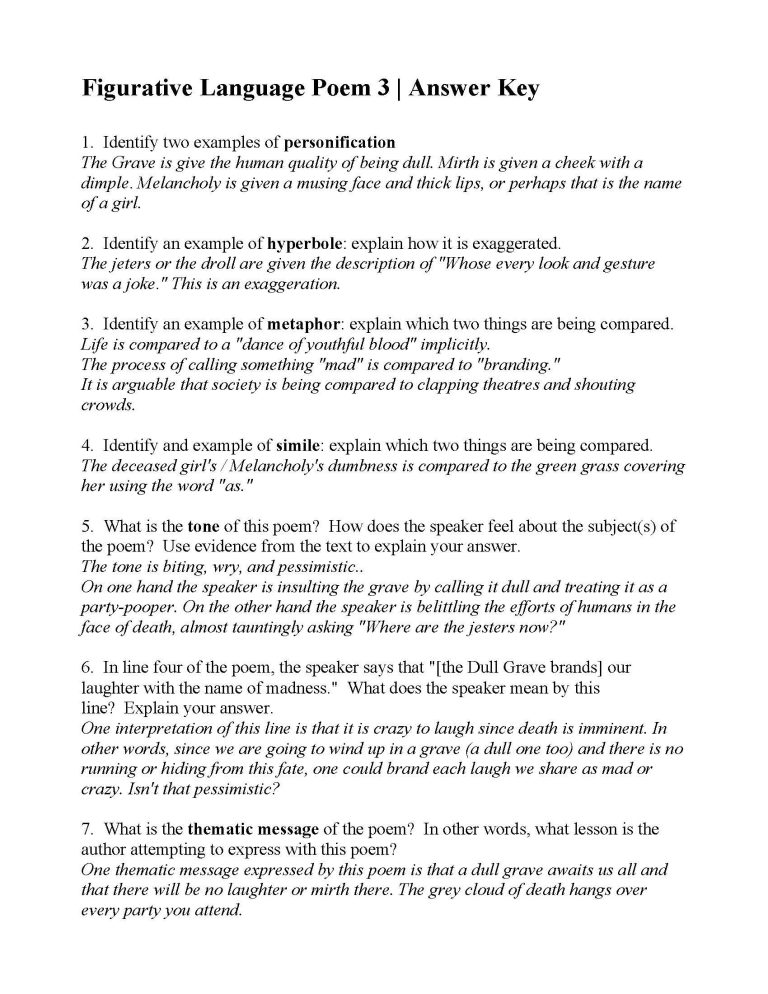 Figurative Language Worksheet 3 Pdf Answers