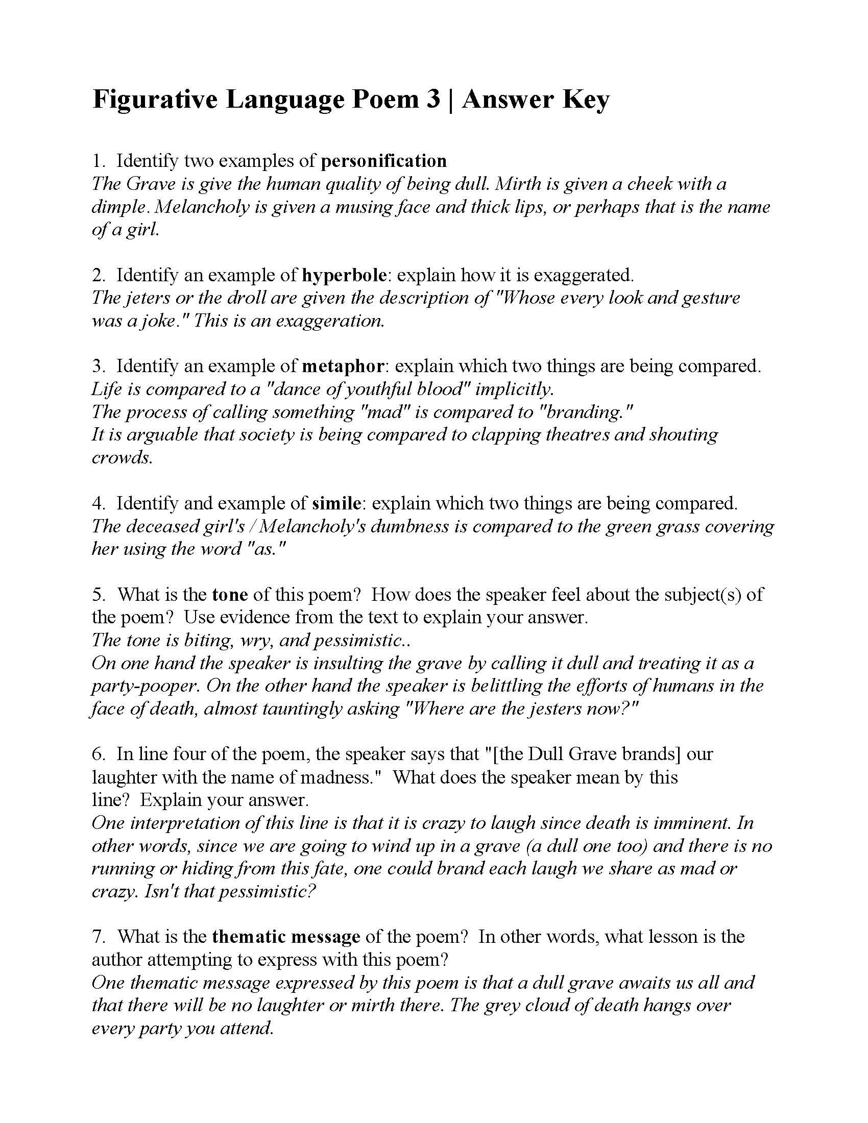 Figurative Language Worksheet 3 Pdf Answers