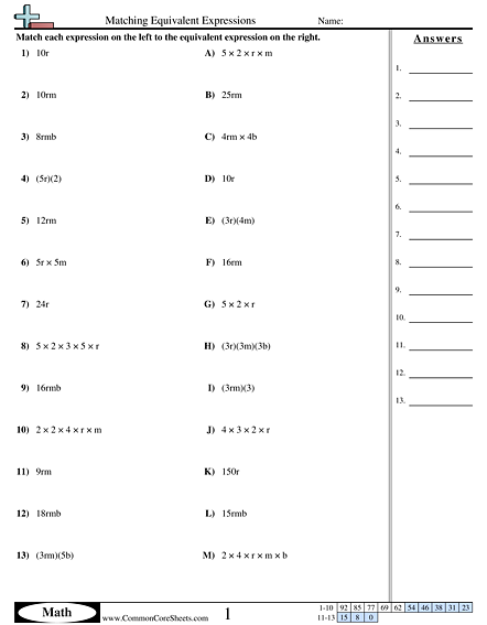 Algebra Equivalent Expressions Worksheet