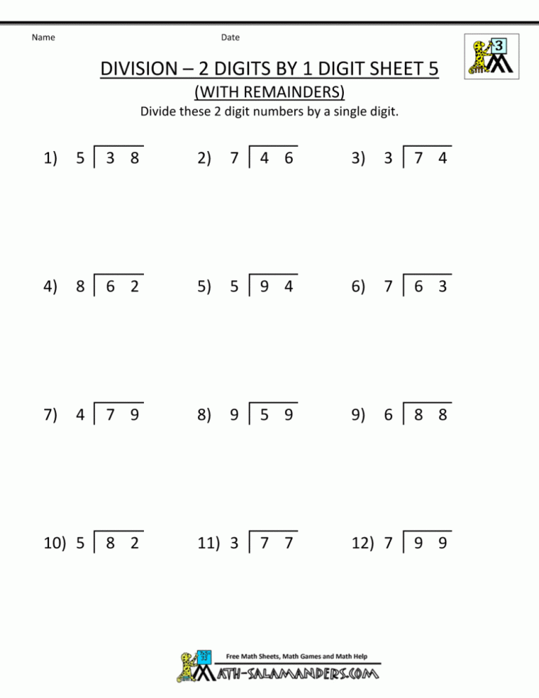 Division With Remainders Worksheet Year 3