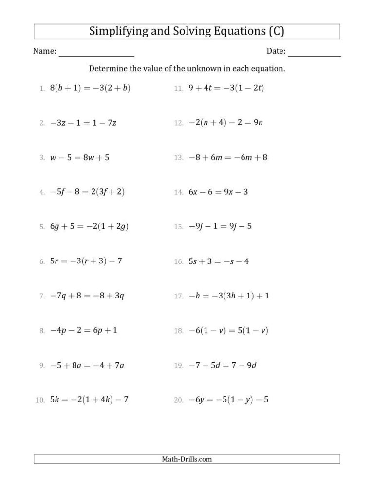 Solving Linear Equations Worksheet Grade 8