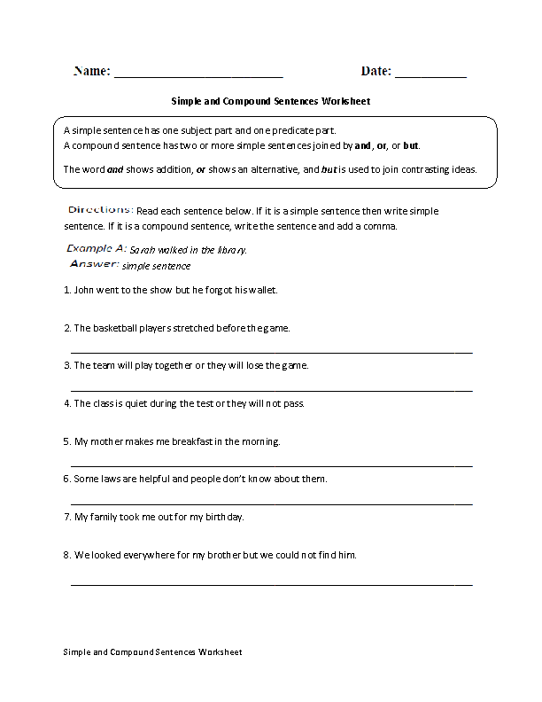 Simple Sentence Worksheet Grade 5