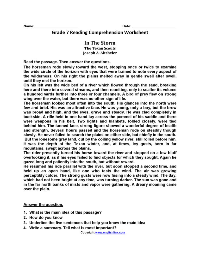 Printable Grade 7 Reading Comprehension Worksheets Pdf