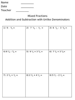 Adding And Subtracting Mixed Numbers Worksheet