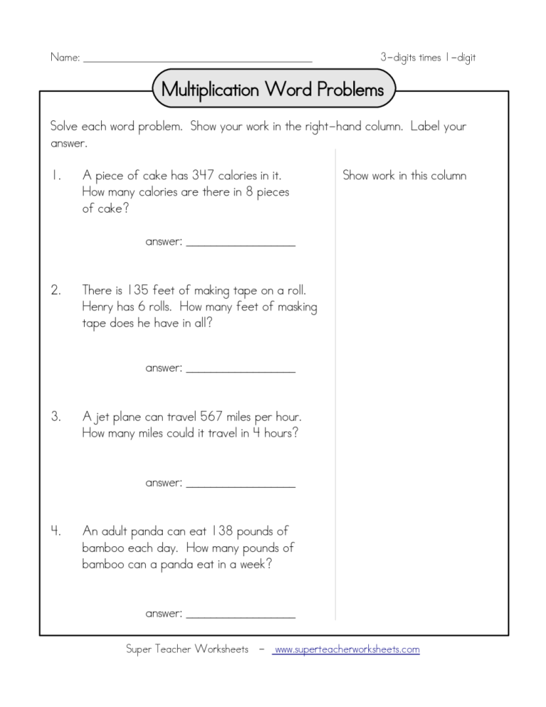 Easy Multiplication Word Problems 3rd Grade