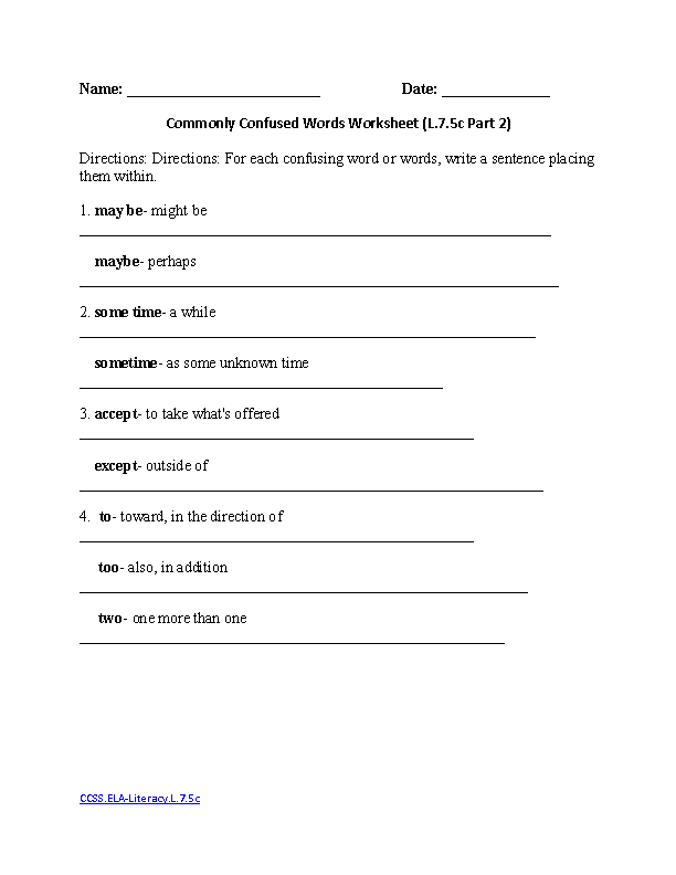 Commonly Confused Words Worksheet Answers