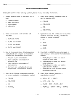 Neutralization Reactions Worksheet Pdf Answers