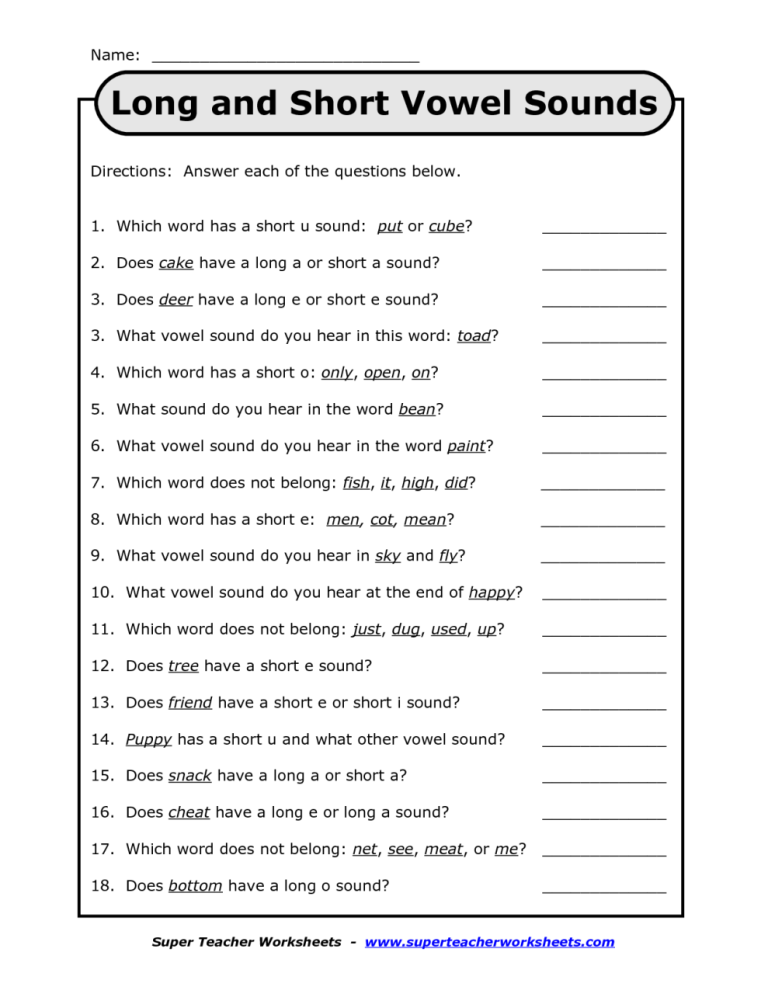 Short Vowel Sounds Worksheets 4th Grade