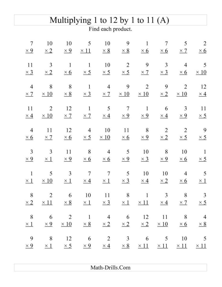 Multiplication Drill Worksheets 0-12