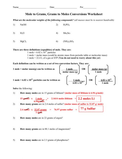 Moles And Molar Mass Worksheet