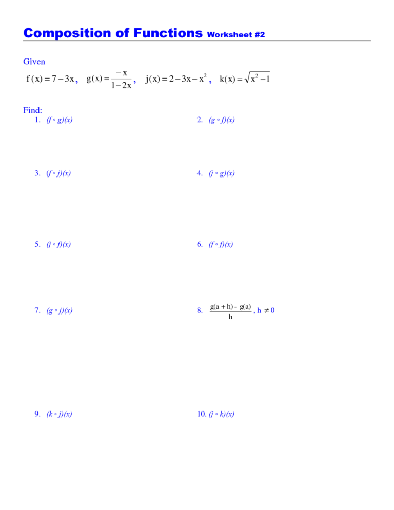 Composition Of Functions Worksheet 1