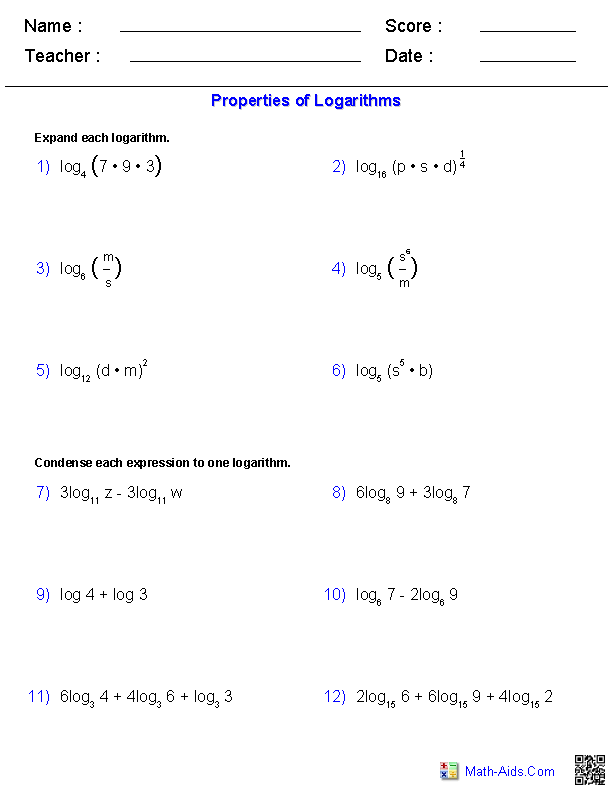 Logarithm Properties Worksheet