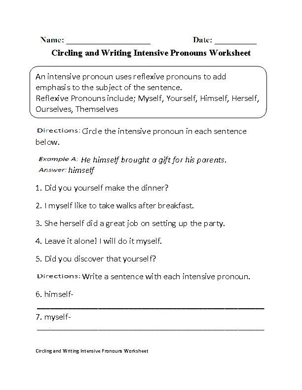 Reflexive Pronouns Worksheets Grade 4