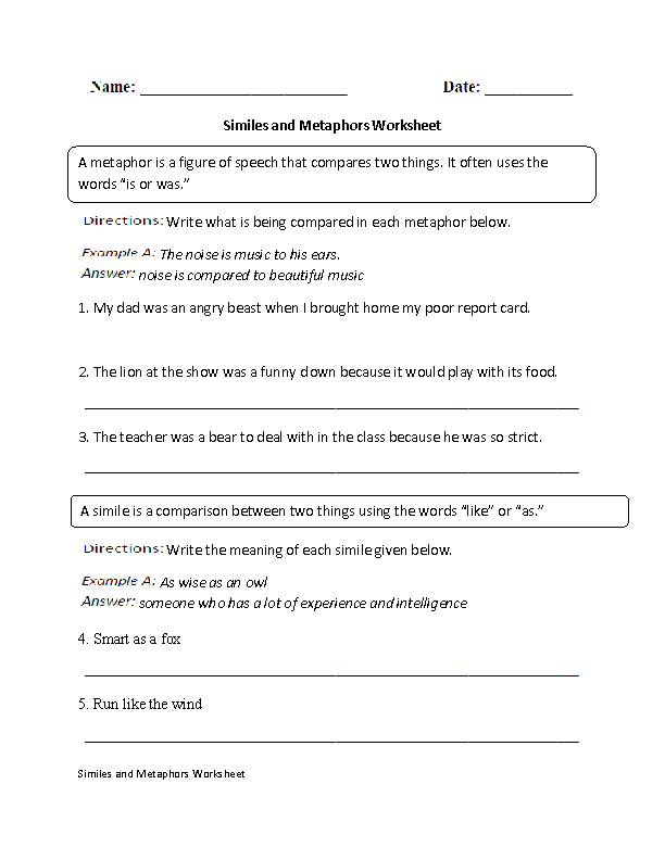 Simile And Metaphor Worksheet 5th Grade