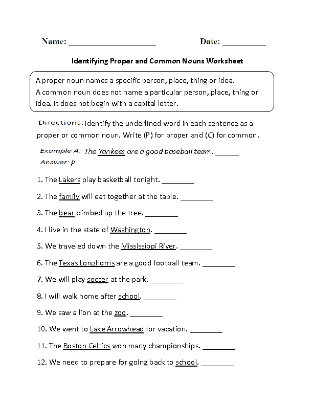 Proper Nouns Worksheet 4th Grade