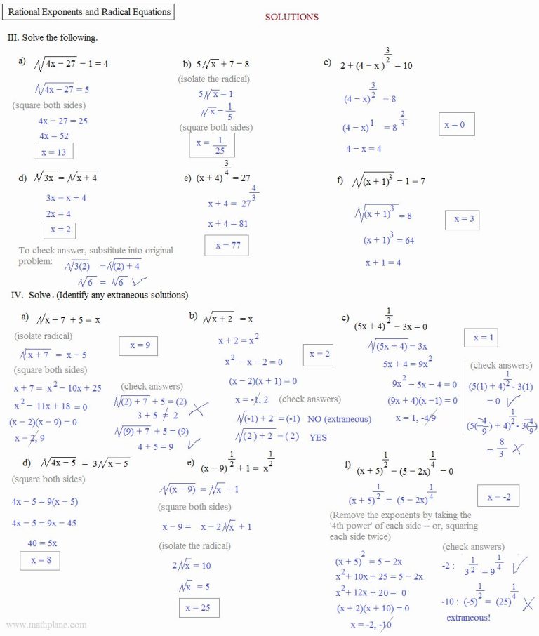 Simple Radical Equations Worksheet