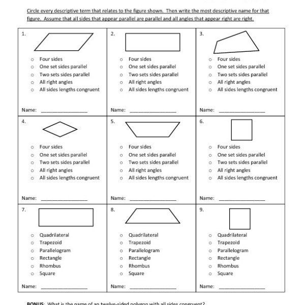 4th Grade Classifying Quadrilaterals Worksheet