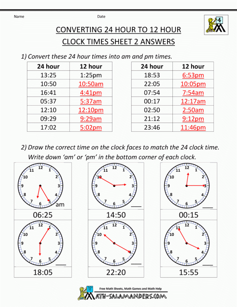 Grade 5 24 Hour Clock Worksheets