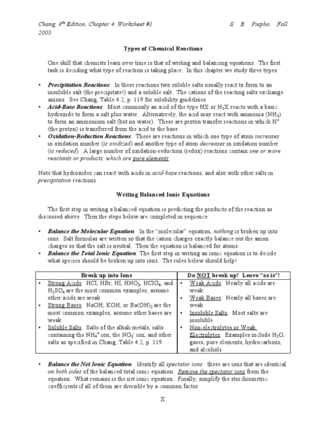 Types Of Chemical Reactions Worksheet Answers