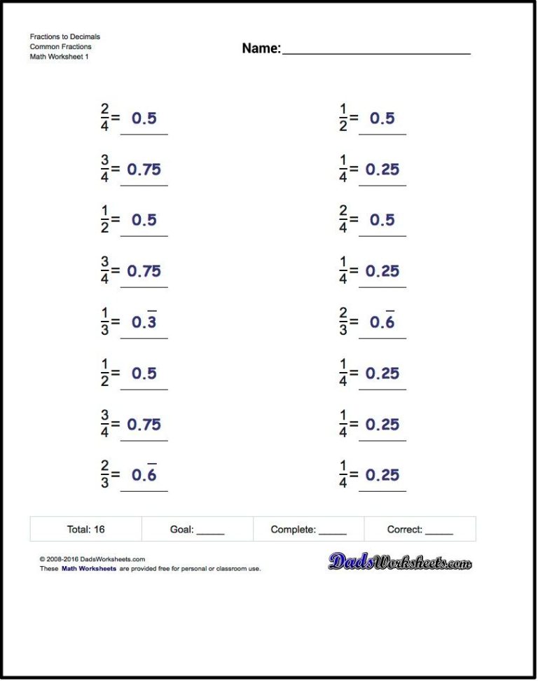 Decimals To Fractions Worksheets With Answers