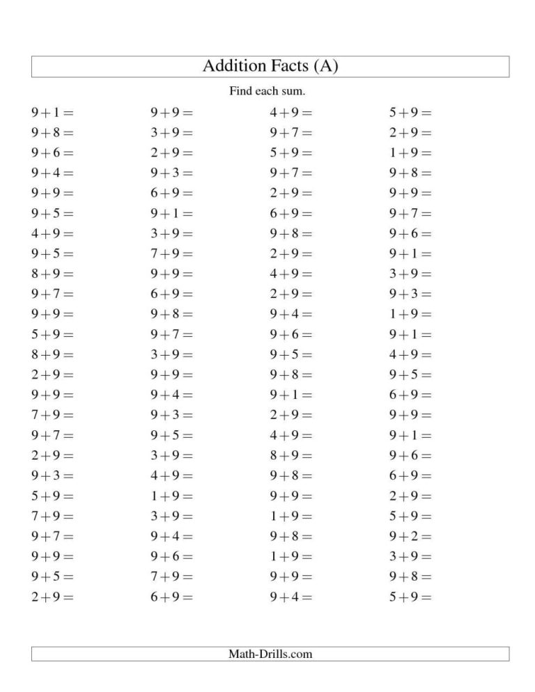 Single Digit Addition Worksheets Horizontal