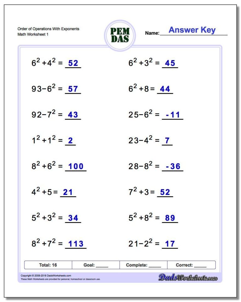 Order Of Operations With Integers Worksheet