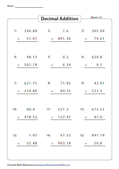 Decimals Worksheets For Grade 6