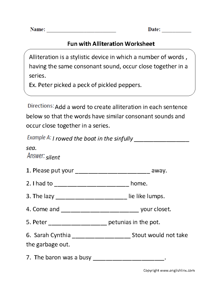 Alliteration Worksheets