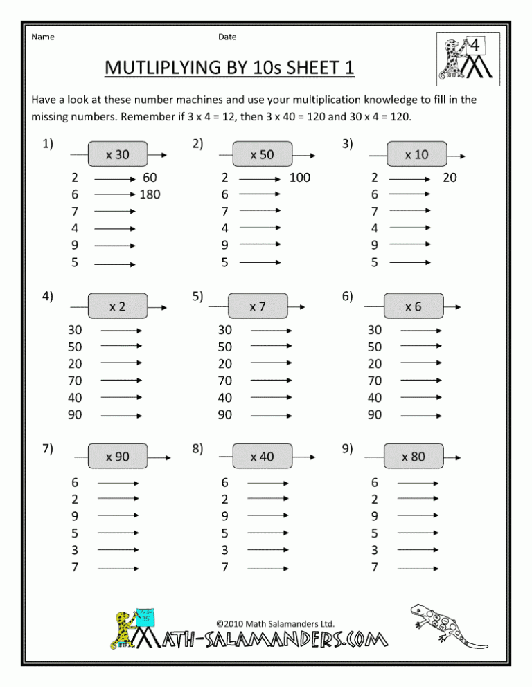 Math Worksheets Multiplication 4th Grade