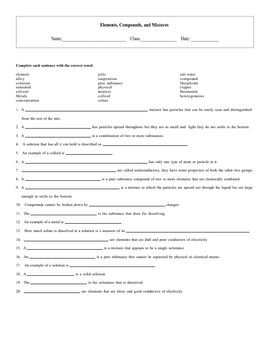 Elements Compounds And Mixtures Worksheet Grade 7