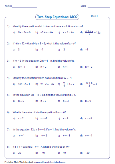 Two-step Algebra Equations Worksheets