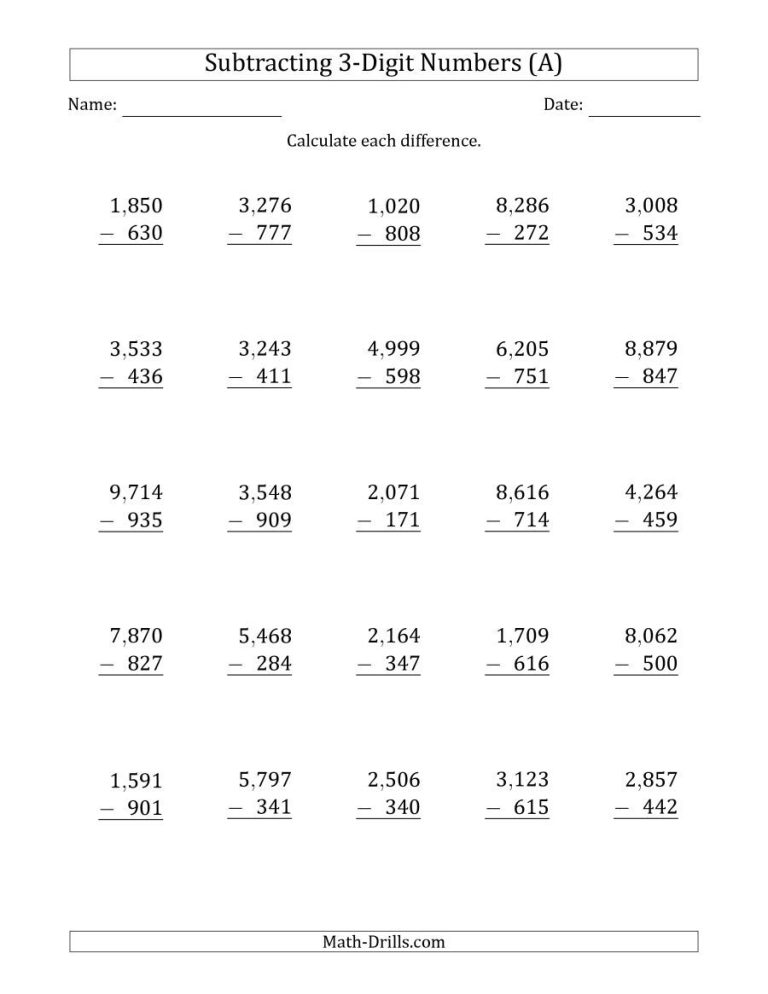 Maths Worksheet For Class 3 Subtraction