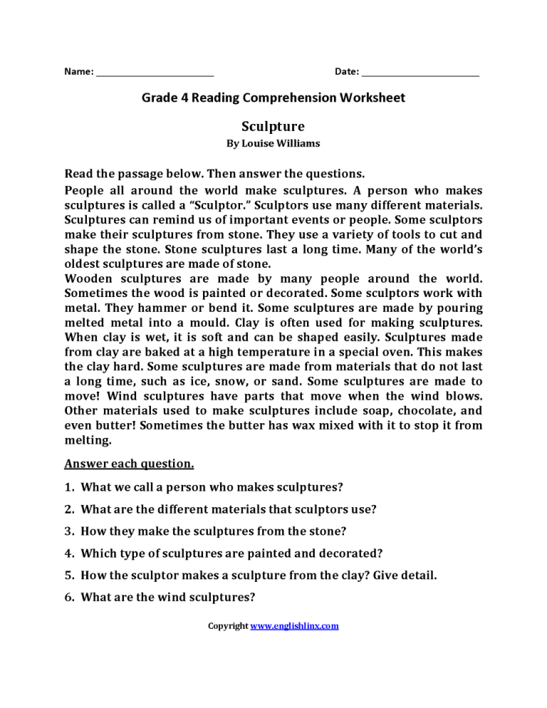 4th Grade English Worksheets For Grade 4 With Answers