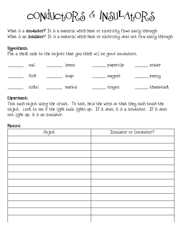 5th Grade Conductors And Insulators Worksheet